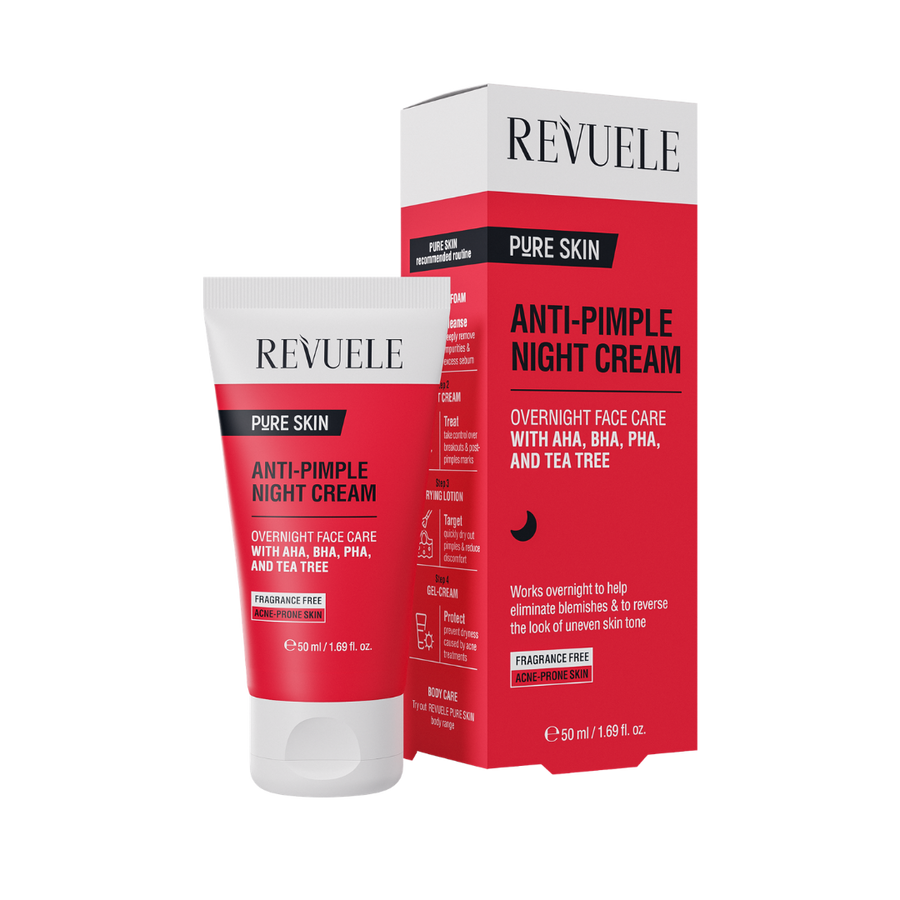 REVUELE Anti-Pimple Night Cream, 50 ml, with AHA, BHA, PHA, and Tea Tree, fragrance-free, acne-prone skin.
