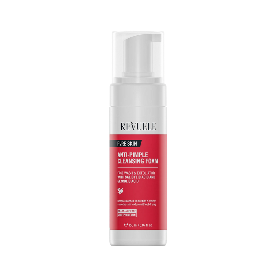 Revuele Pure Skin Anti-Pimple Cleansing Foam face wash, fragrance-free, 150 ml pump bottle red label