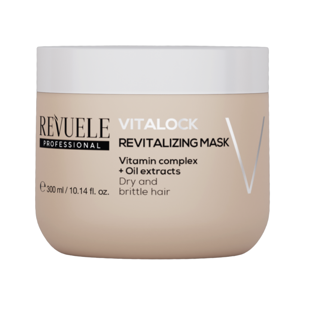 REVUELE Professional Vitalock Revitalizing Mask 300ml beige jar with white lid for dry and brittle hair