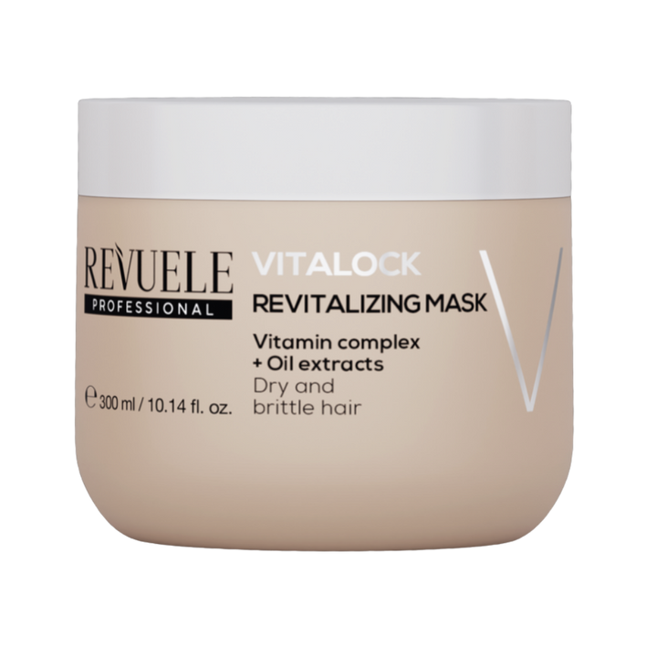 REVUELE Professional Vitalock Revitalizing Mask 300ml beige jar with white lid for dry and brittle hair