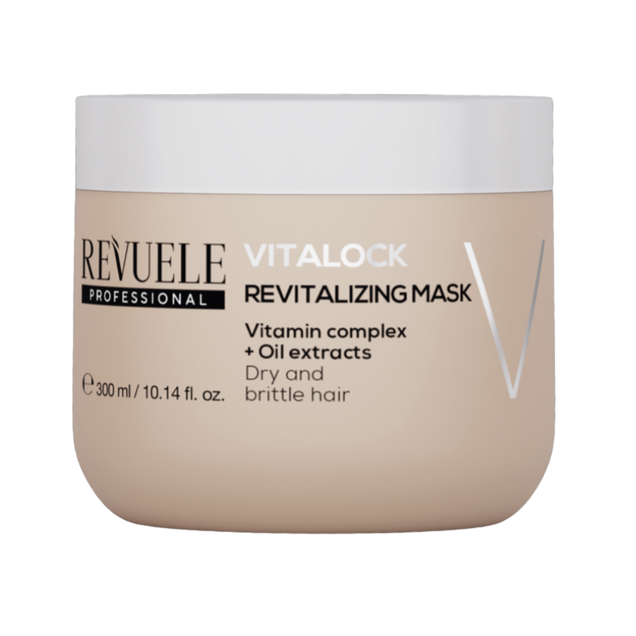 REVUELE Professional Vitalock Revitalizing Mask 300ml beige jar with white lid for dry and brittle hair