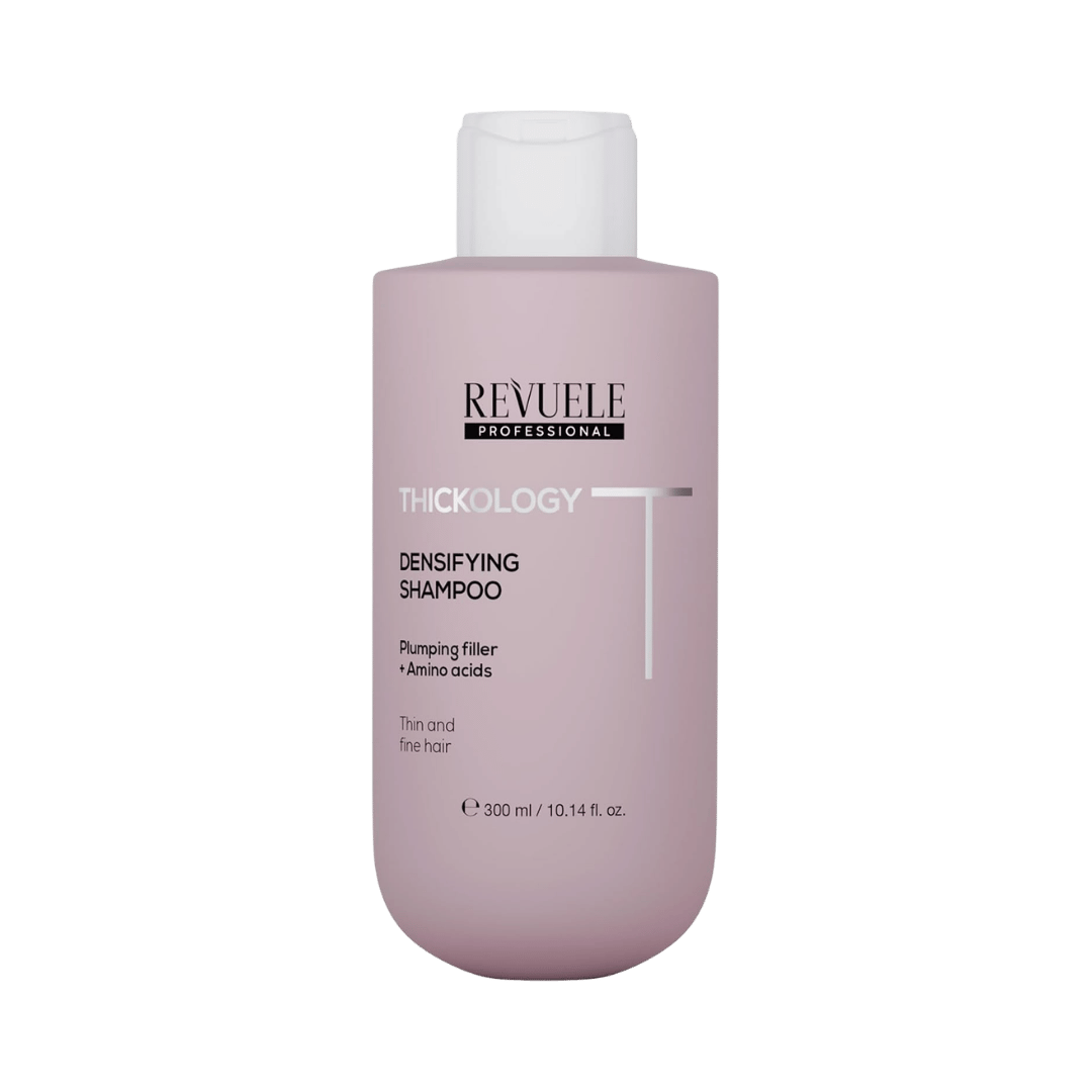 REVUELE Professional Thickology Densifying Shampoo 300ml pink bottle for thin hair with amino acids and filler technology.