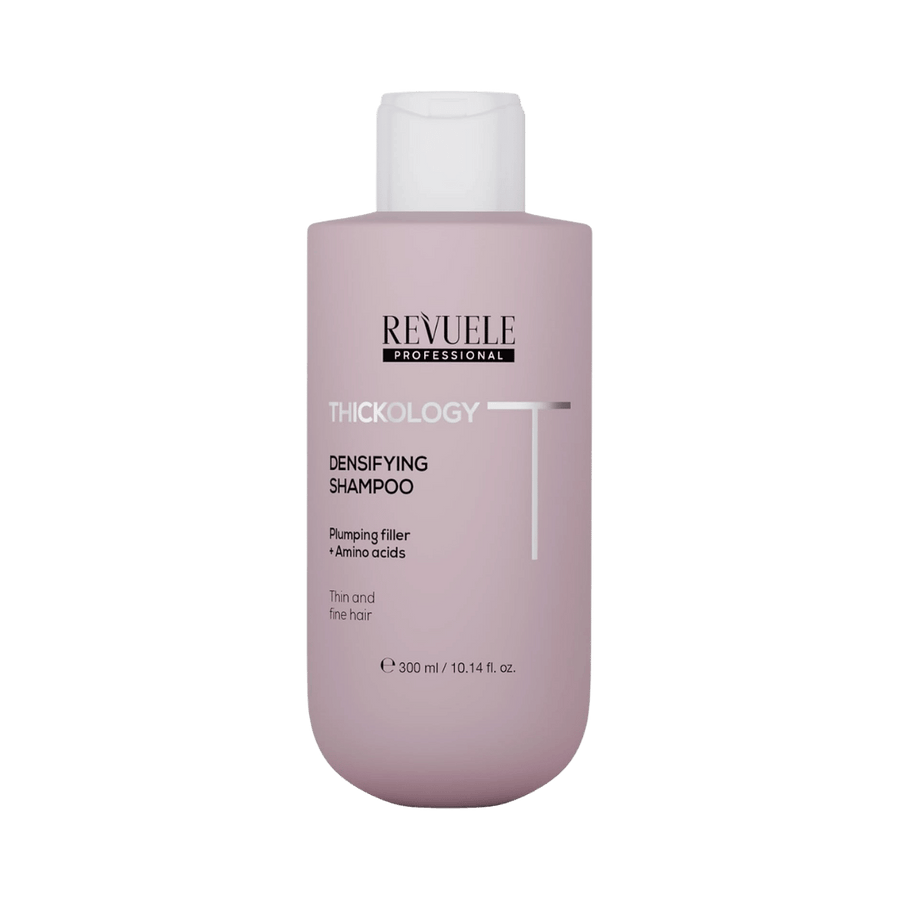 REVUELE Professional Thickology Densifying Shampoo 300ml pink bottle for thin hair with amino acids and filler technology.