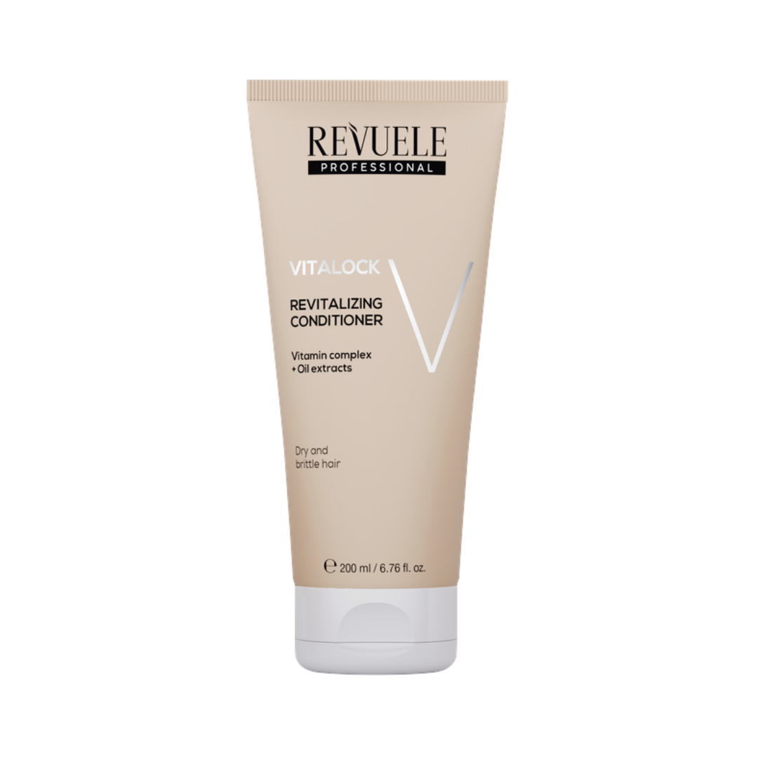 Revuele Professional Vitalock Revitalizing Conditioner tube with beige packaging, white cap, and 200ml size.
