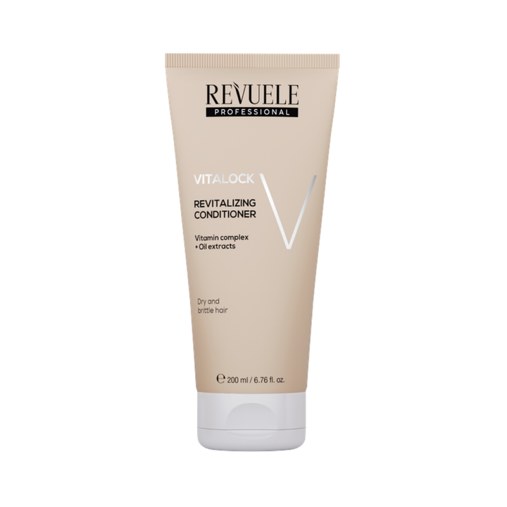Revuele Professional Vitalock Revitalizing Conditioner tube with beige packaging, white cap, and 200ml size.