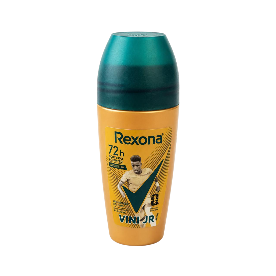 Rexona 72h Body Heat Activated Vini Jr anti-perspirant roll-on, 45ml, gold bottle with green cap.