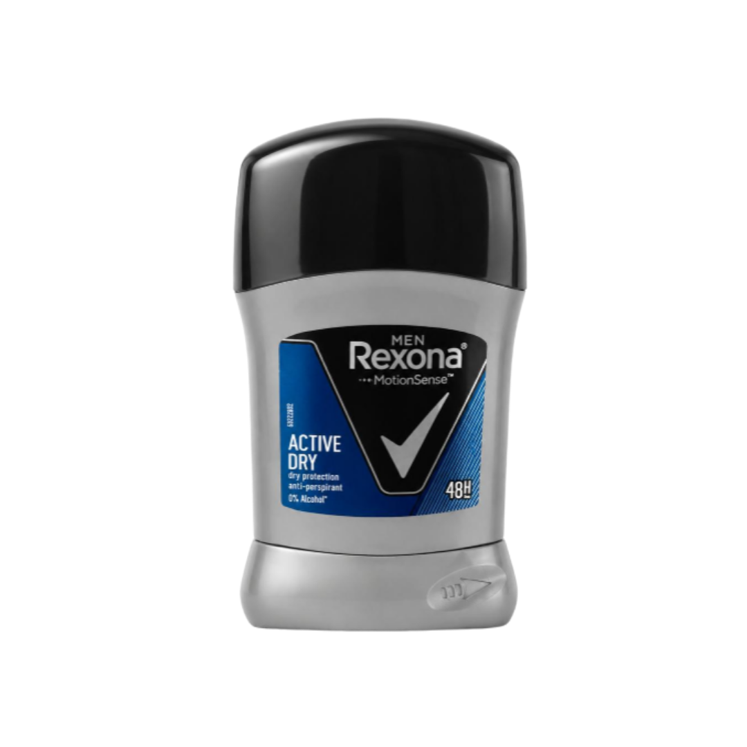 Rexona Men Active Dry antiperspirant stick in grey bottle with black cap and blue label