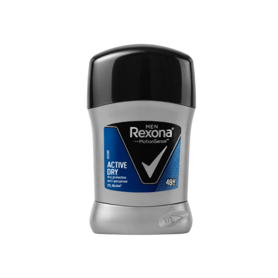 Rexona Men Active Dry antiperspirant stick in grey bottle with black cap and blue label