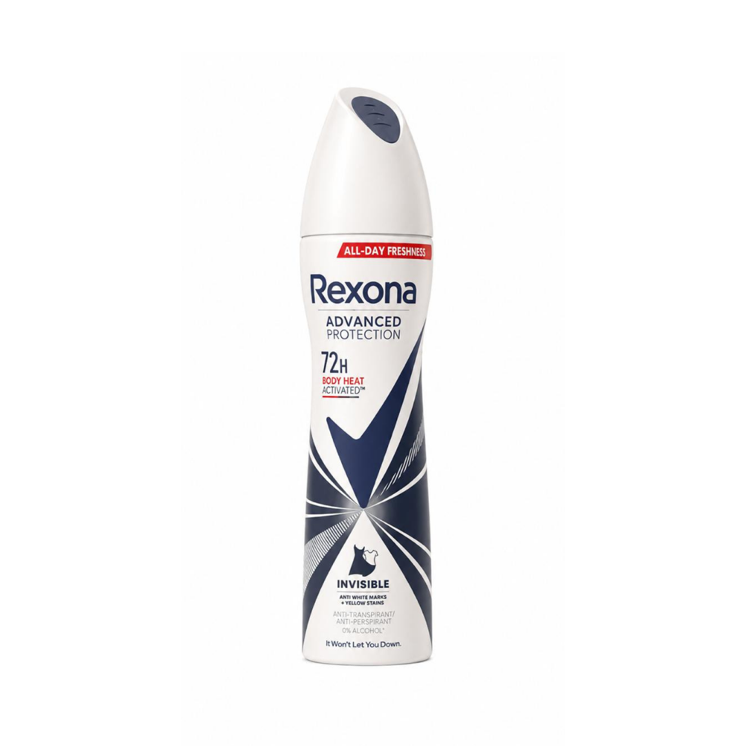 Rexona Women Advanced Protection Invisible Black & White 72h antiperspirant spray, 200ml, in a white aerosol can.