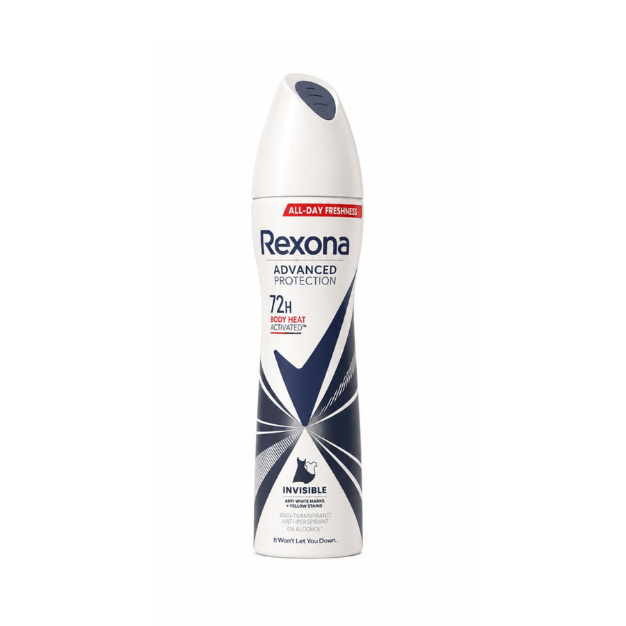 Rexona Women Advanced Protection Invisible Black & White 72h antiperspirant spray, 200ml, in a white aerosol can.