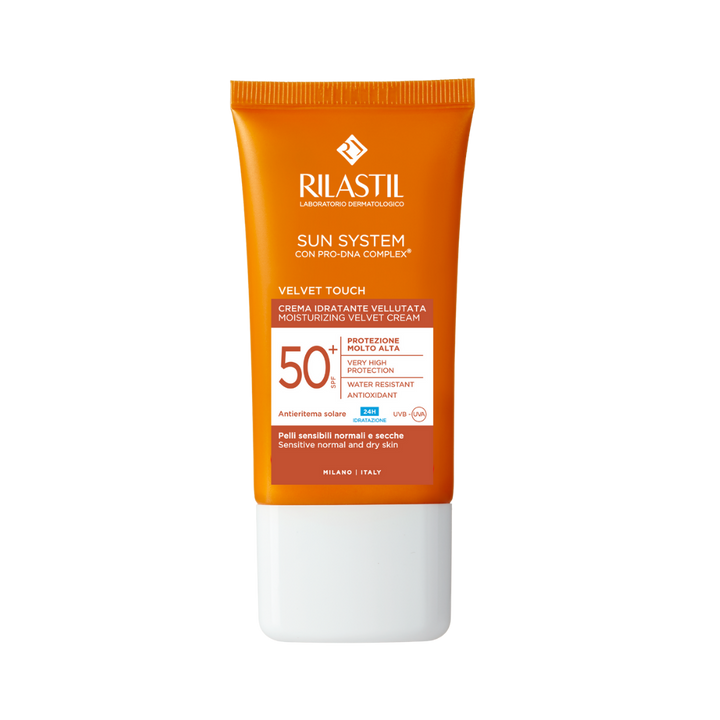 Rilastil Velvet Touch Moisturizing Cream, SPF 50+, 50ml, designed for sensitive normal to dry skin, water-resistant.
