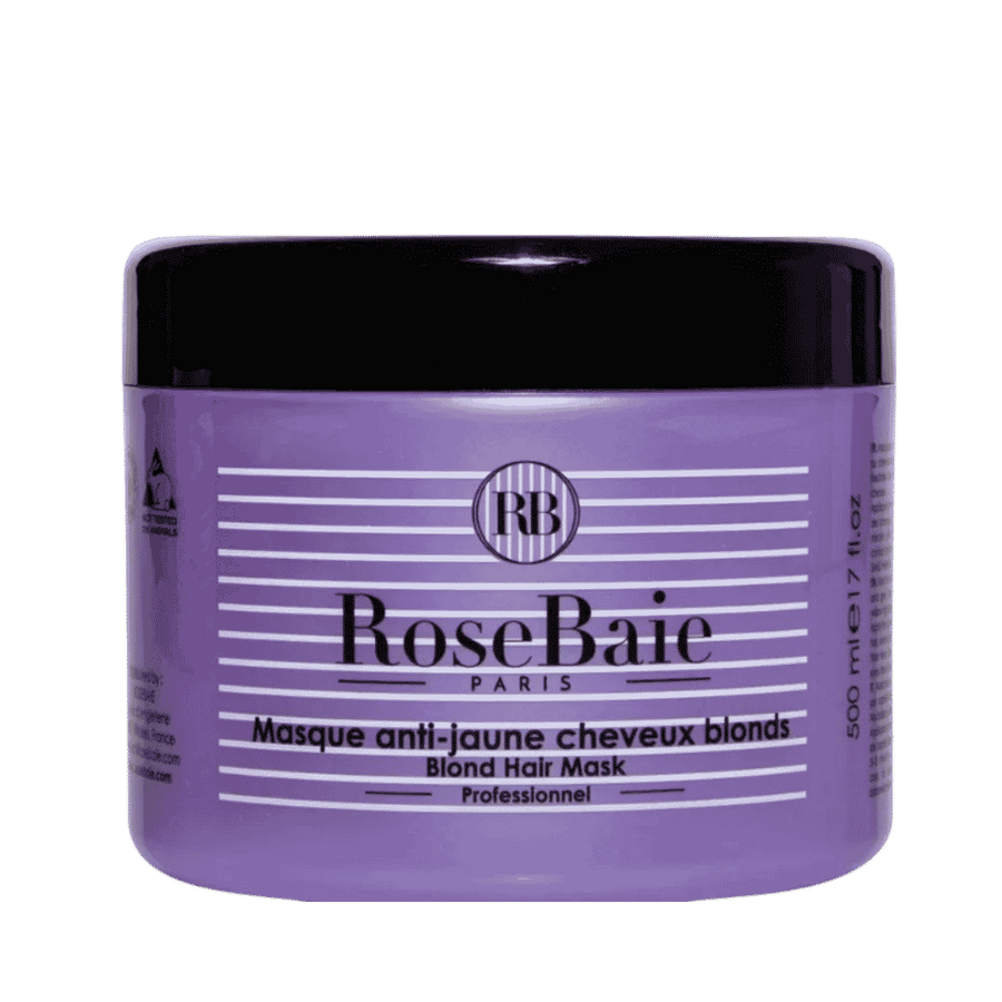 RoseBaie Paris anti-yellow blonde hair mask, 500 ml, in purple round jar with black lid.