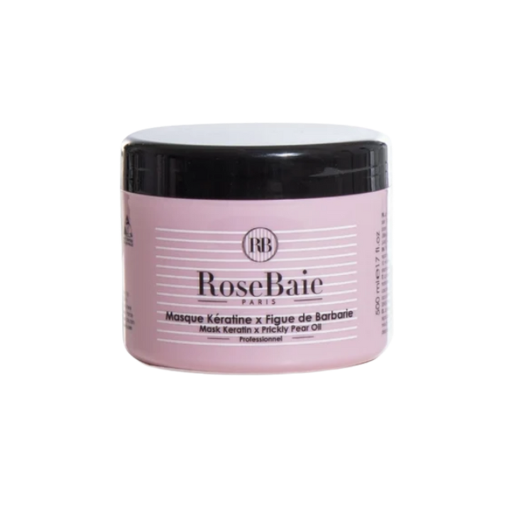 RoseBaie Paris keratin and prickly pear oil hair mask, 500 ml, pink jar with black lid.