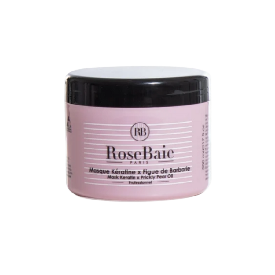 RoseBaie Paris keratin and prickly pear oil hair mask, 500 ml, pink jar with black lid.