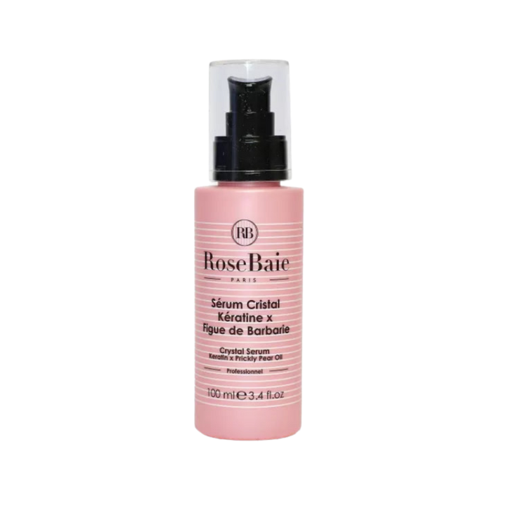 RoseBaie Paris keratin and prickly pear oil crystal hair serum, 100 ml, pink bottle with black pump.
