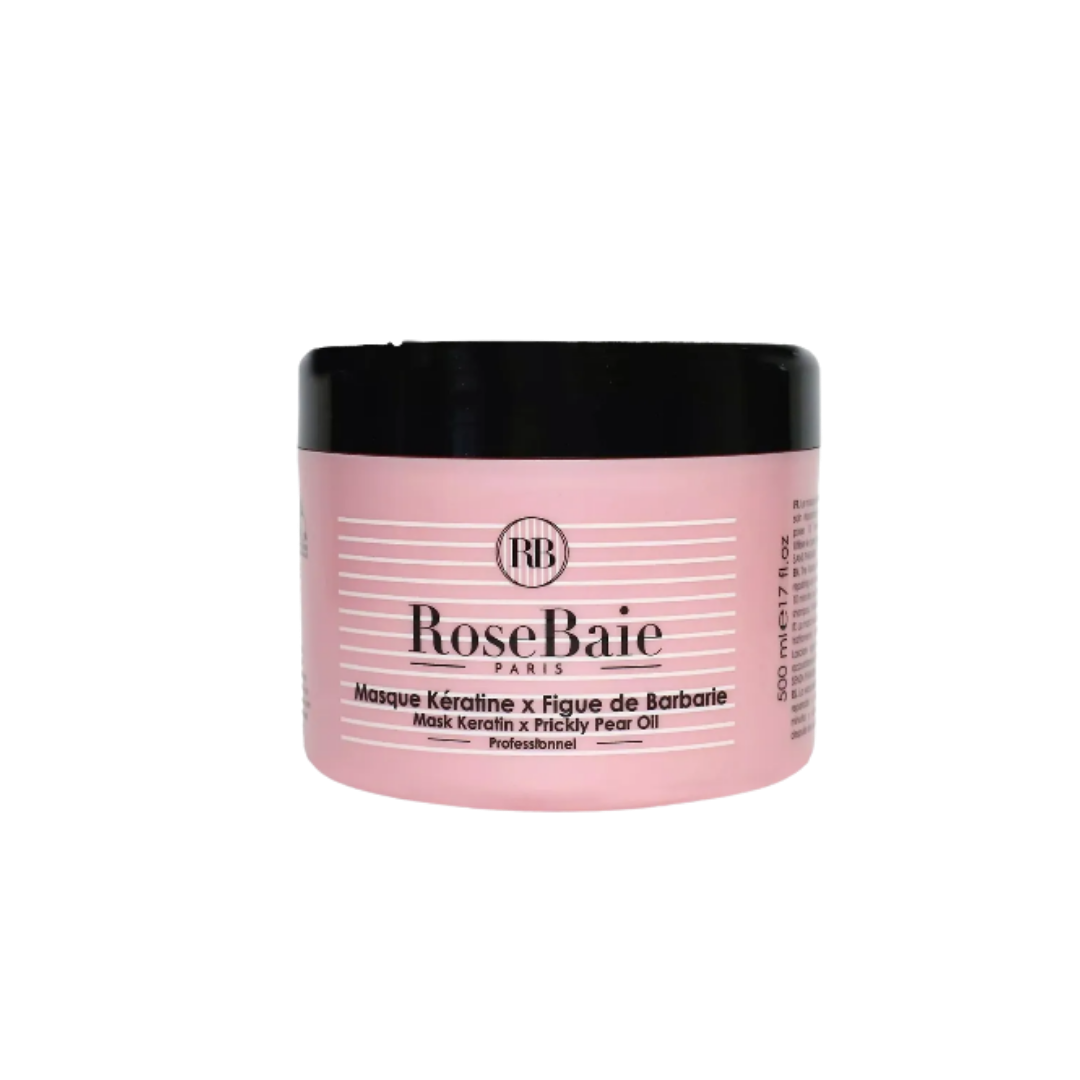 RoseBaie Paris keratin and prickly pear oil hair mask, 500 ml, pink jar with black lid.