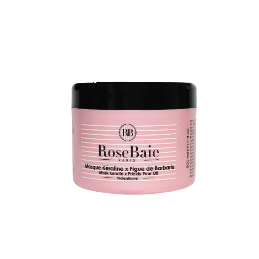 RoseBaie Paris keratin and prickly pear oil hair mask, 500 ml, pink jar with black lid.