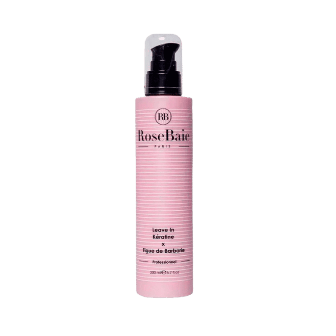 RoseBaie Paris keratin and prickly pear leave-in, 200 ml, in pink pump bottle with clear cap.
