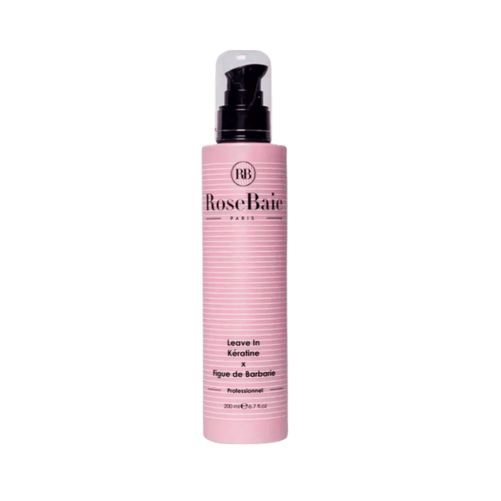 RoseBaie Paris keratin and prickly pear leave-in, 200 ml, in pink pump bottle with clear cap.