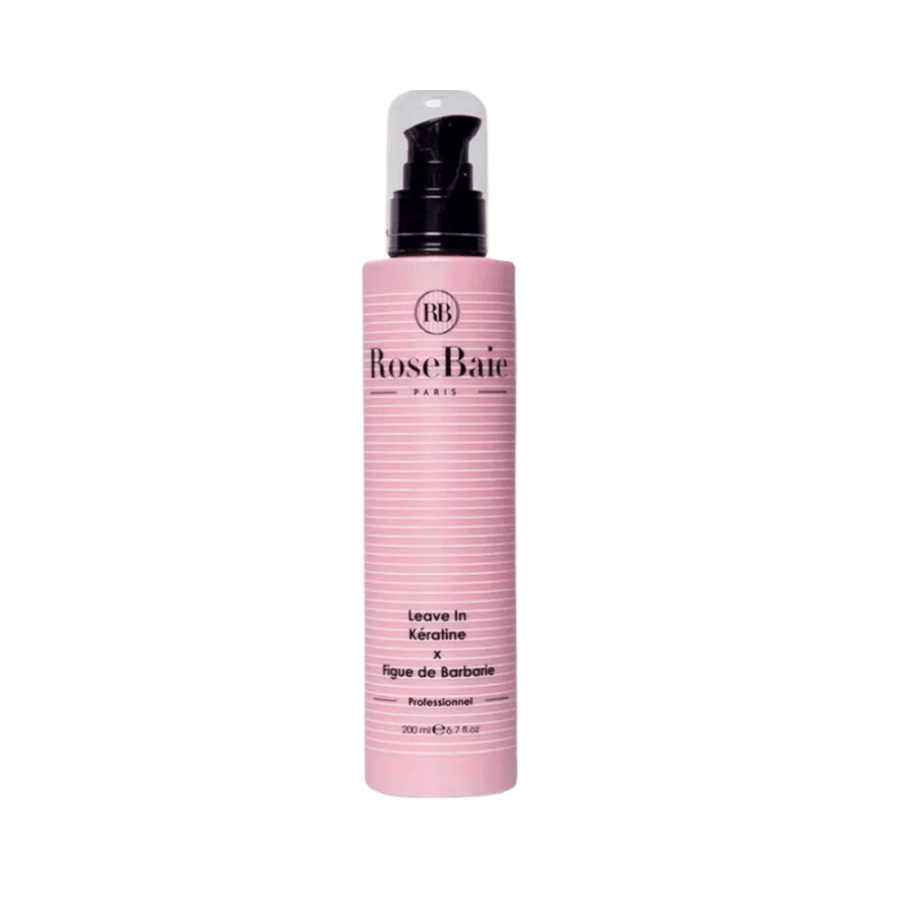 RoseBaie Paris keratin and prickly pear leave-in, 200 ml, in pink pump bottle with clear cap.