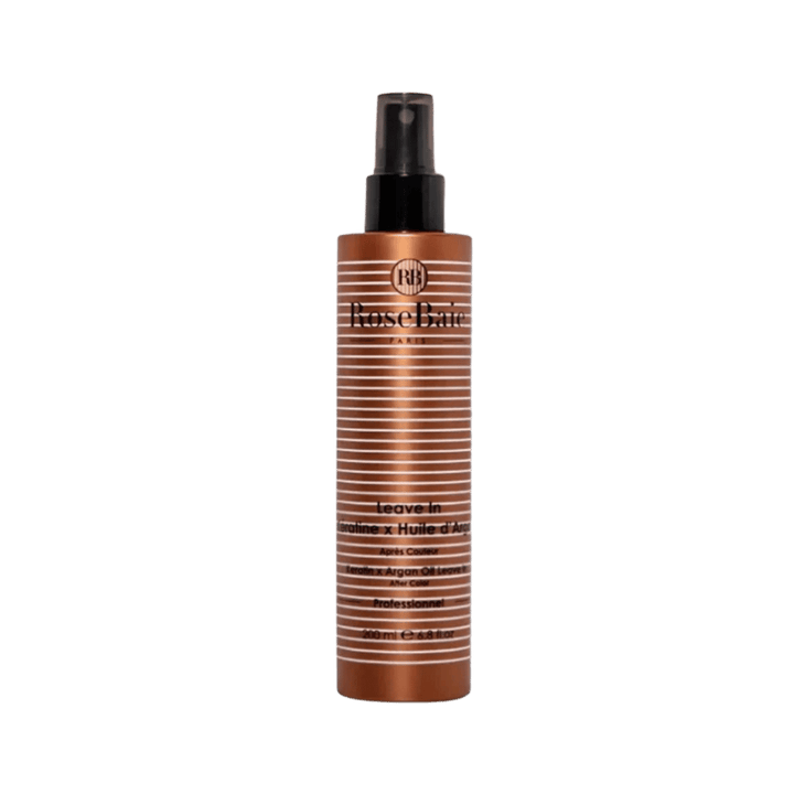 RoseBaie Paris keratin and argan oil leave-in spray, 200 ml, in bronze bottle with black pump cap.