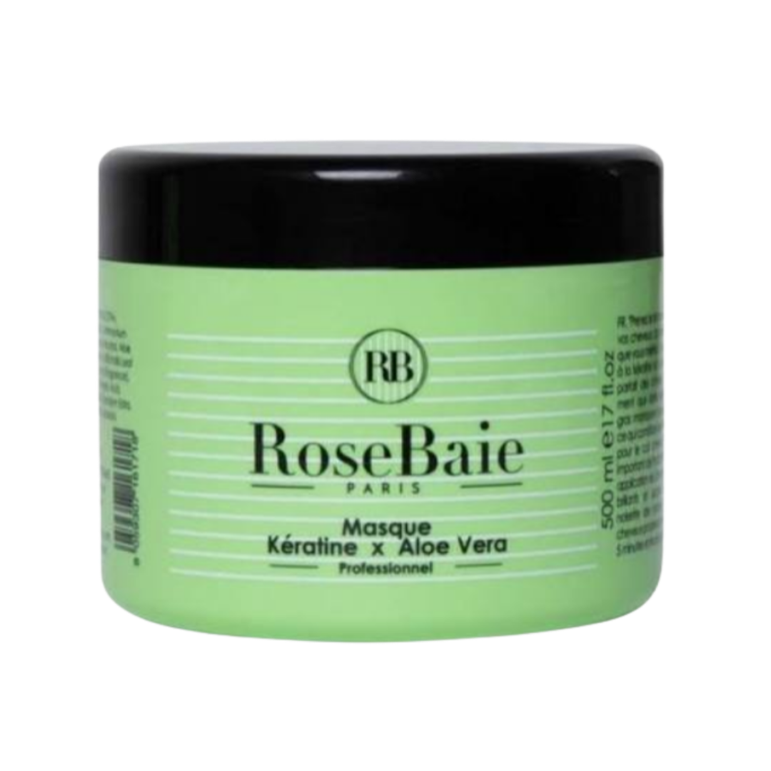 RoseBaie Paris keratin and aloe vera hair mask, 500 ml, green jar with black lid.
