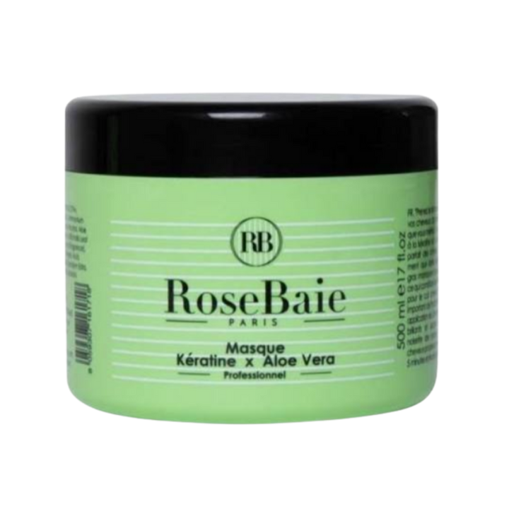 RoseBaie Paris keratin and aloe vera hair mask, 500 ml, green jar with black lid.
