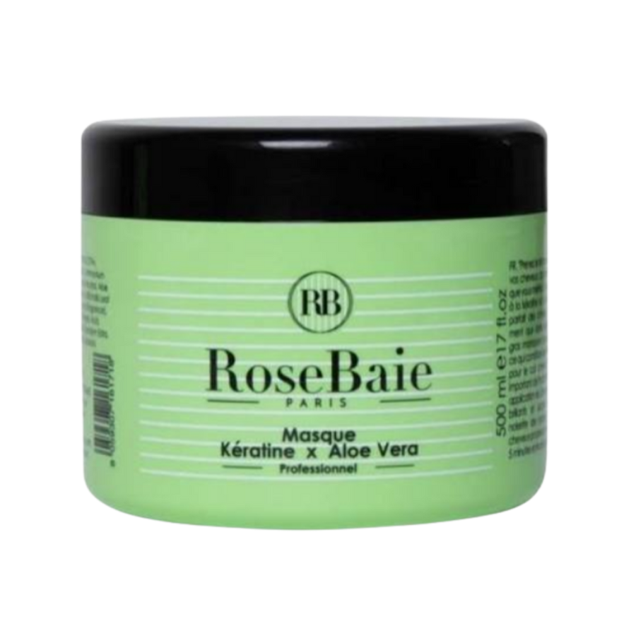 RoseBaie Paris keratin and aloe vera hair mask, 500 ml, green jar with black lid.