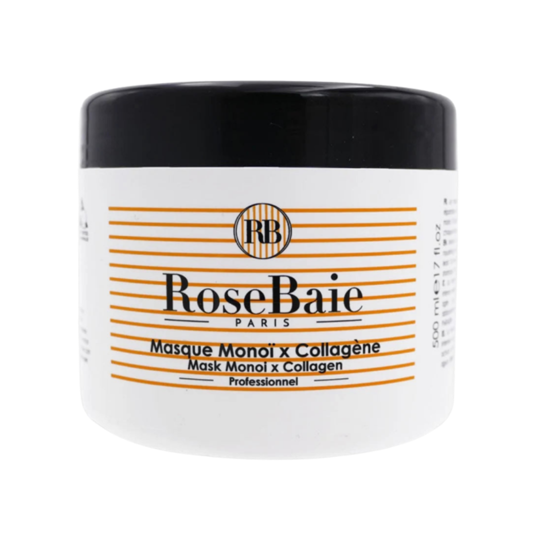 RoseBaie Paris Monoi and collagen hair mask, 500 ml, white jar with orange stripes and black lid.