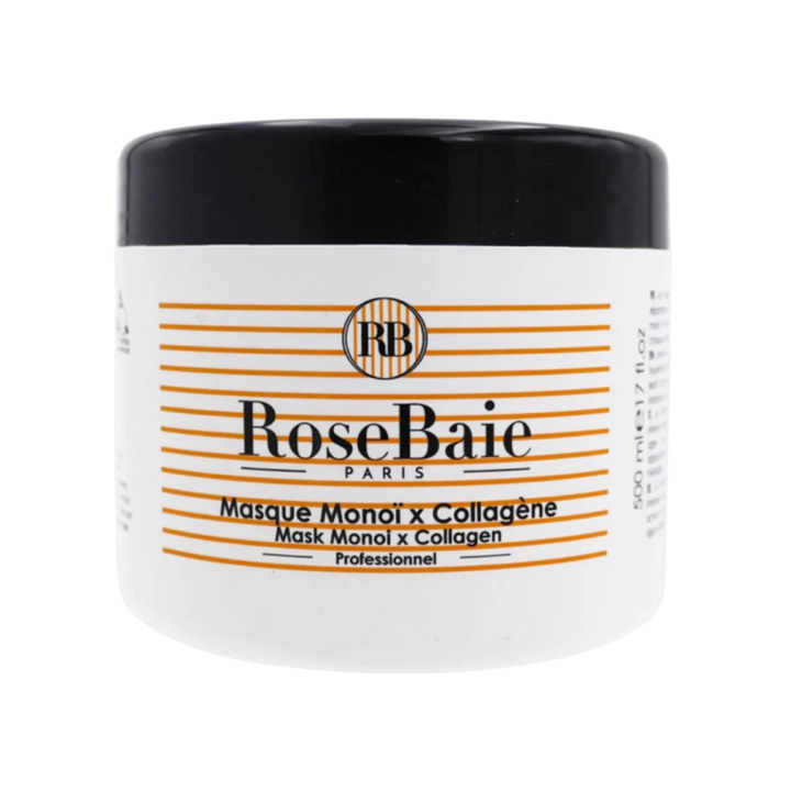 RoseBaie Paris Monoi and collagen hair mask, 500 ml, white jar with orange stripes and black lid.