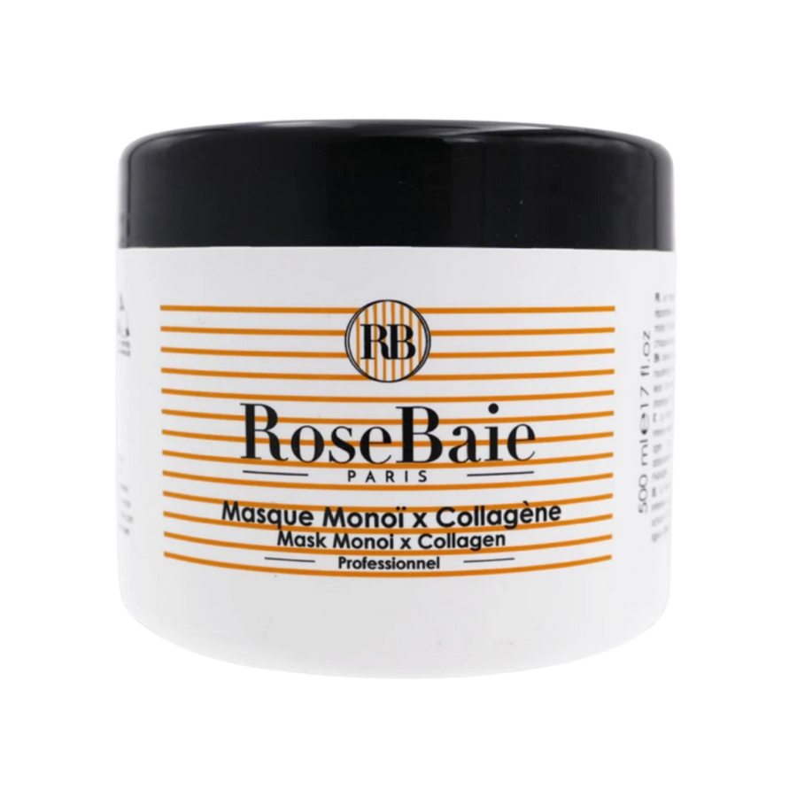 RoseBaie Paris Monoi and collagen hair mask, 500 ml, white jar with orange stripes and black lid.
