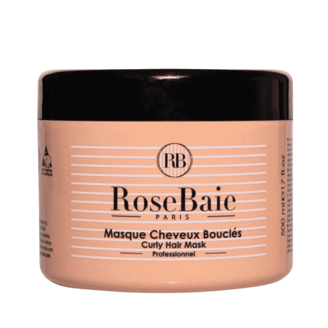 RoseBaie Paris professional curly hair mask, 500 ml, in peach round jar with black lid.