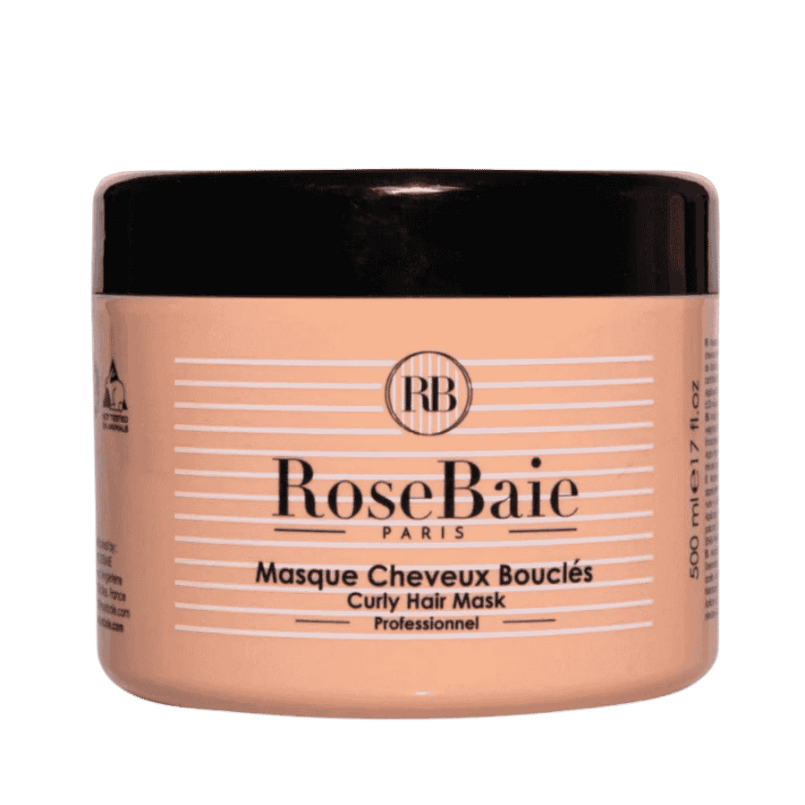 RoseBaie Paris professional curly hair mask, 500 ml, in peach round jar with black lid.