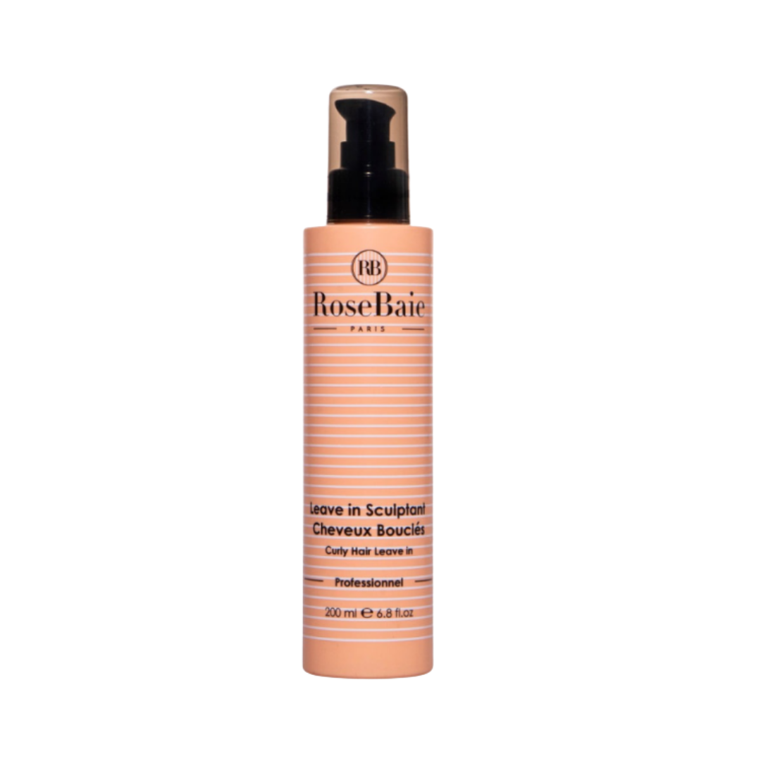 RoseBaie Paris curly hair leave-in, 200 ml, orange bottle with black pump and clear cap.