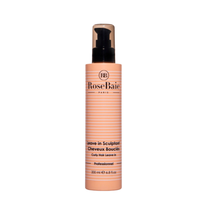 RoseBaie Paris curly hair leave-in, 200 ml, orange bottle with black pump and clear cap.