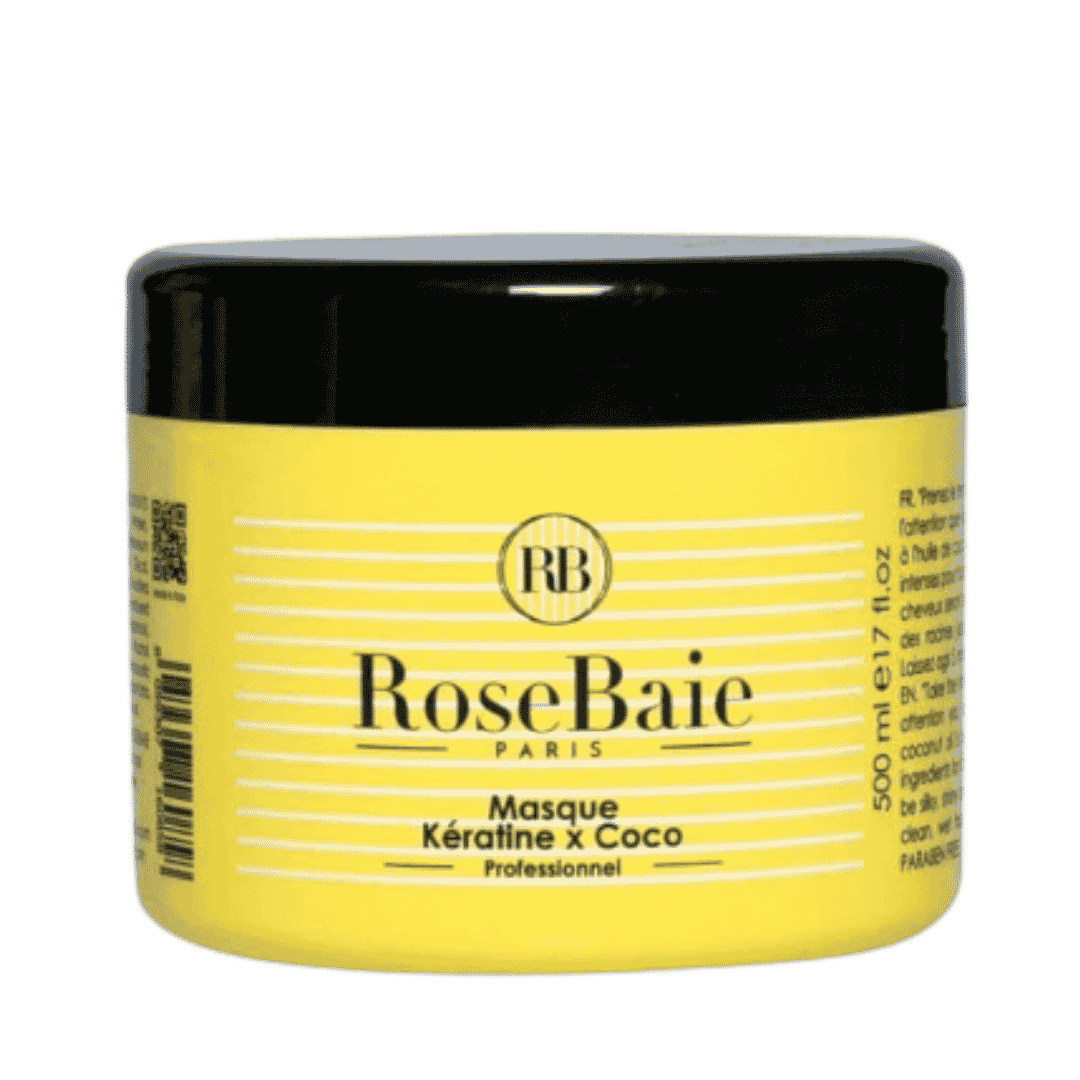 RoseBaie Paris keratin and coconut hair mask, 500 ml, yellow jar with black lid.