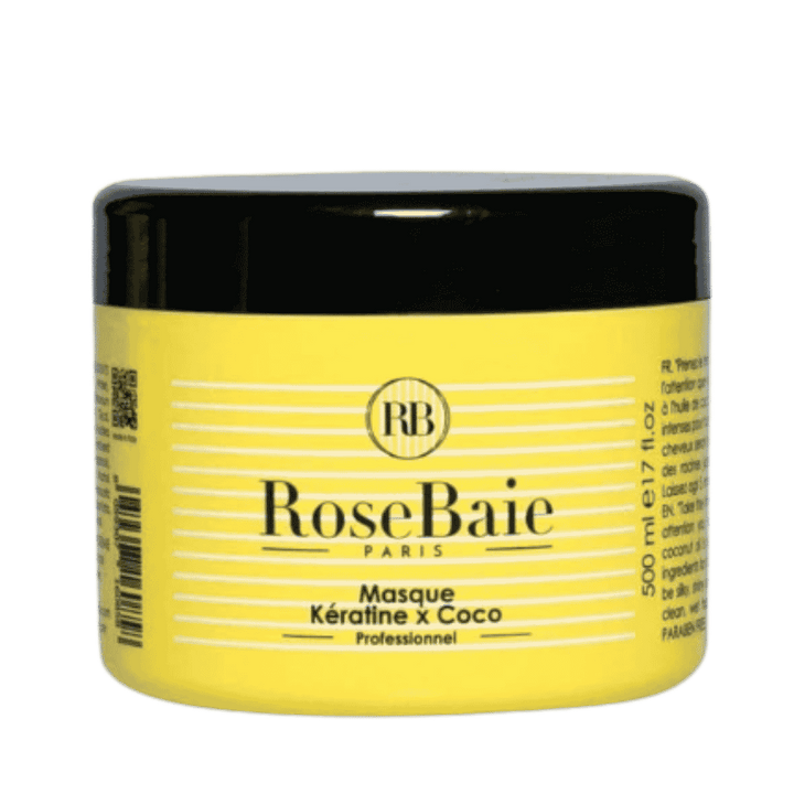 RoseBaie Paris keratin and coconut hair mask, 500 ml, yellow jar with black lid.