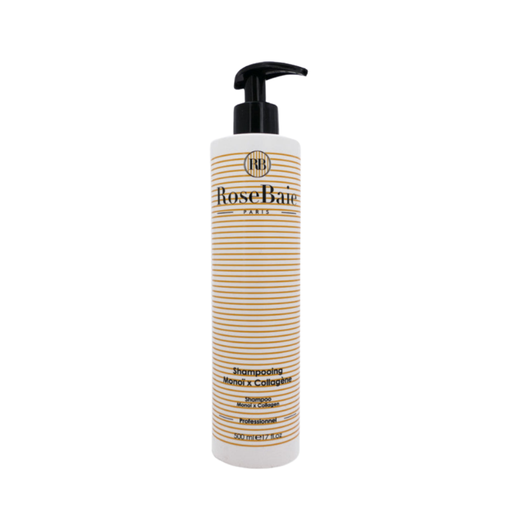 RoseBaie Paris Monoi and Collagen shampoo, 500ml, white pump bottle with orange striped label.