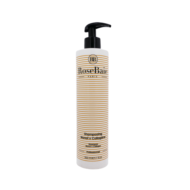 RoseBaie Paris Monoi and Collagen shampoo, 500ml, white pump bottle with orange striped label.