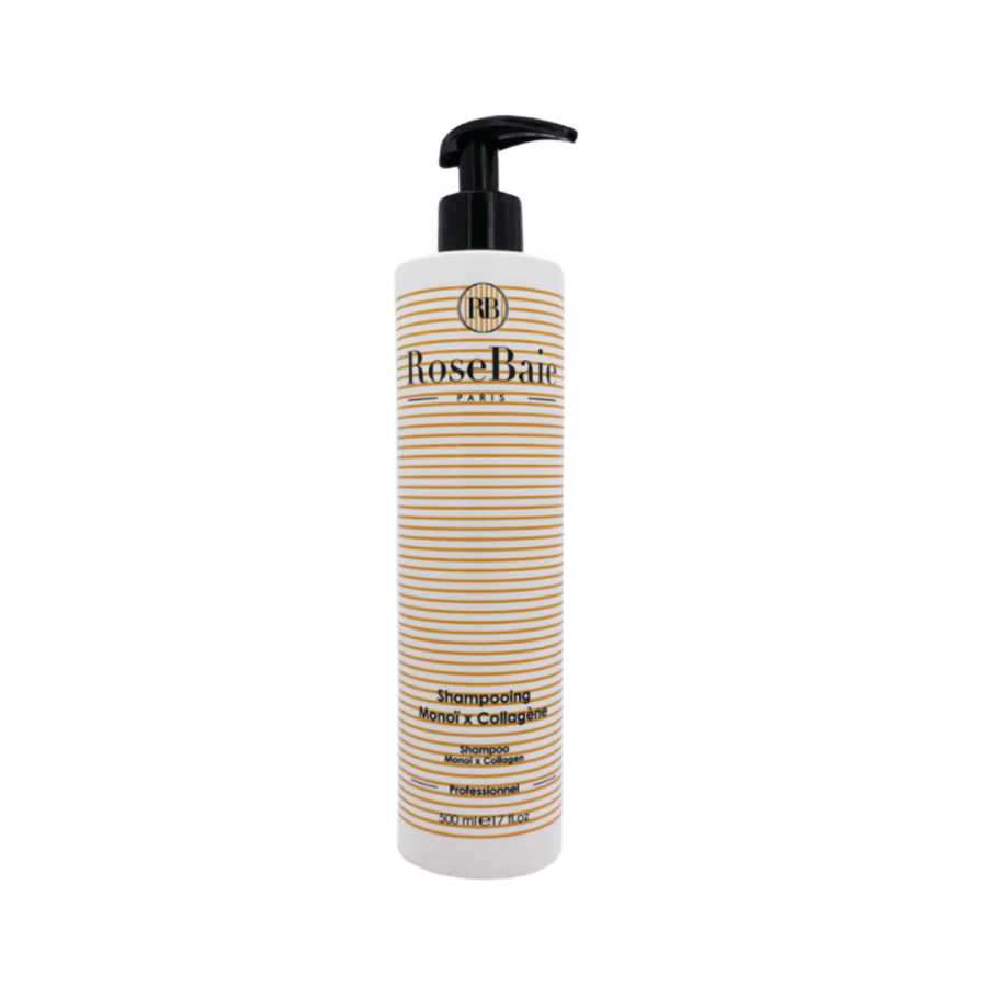 RoseBaie Paris Monoi and Collagen shampoo, 500ml, white pump bottle with orange striped label.