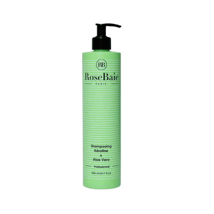 RoseBaie Paris keratin and aloe vera shampoo, 500 ml, in tall green bottle with black pump.