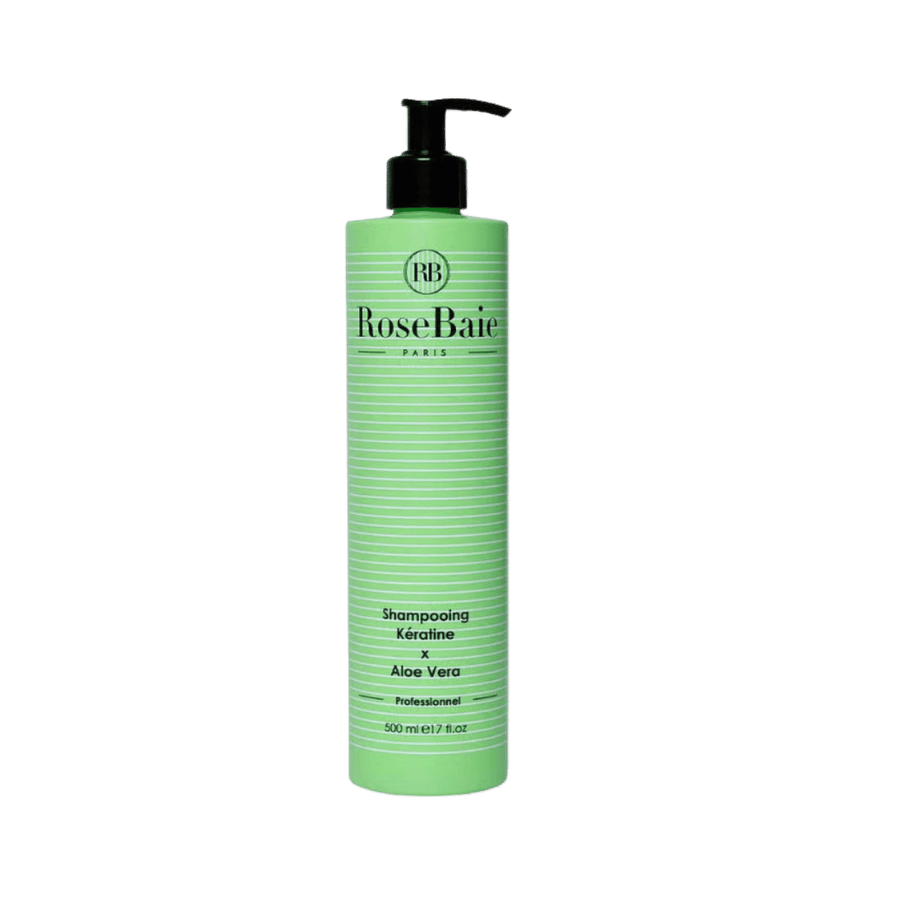 RoseBaie Paris keratin and aloe vera shampoo, 500 ml, in tall green bottle with black pump.