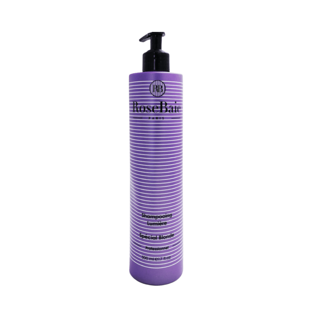 Rose Baie Paris blonde hair shampoo, 500 ml, in tall purple pump bottle with striped label.