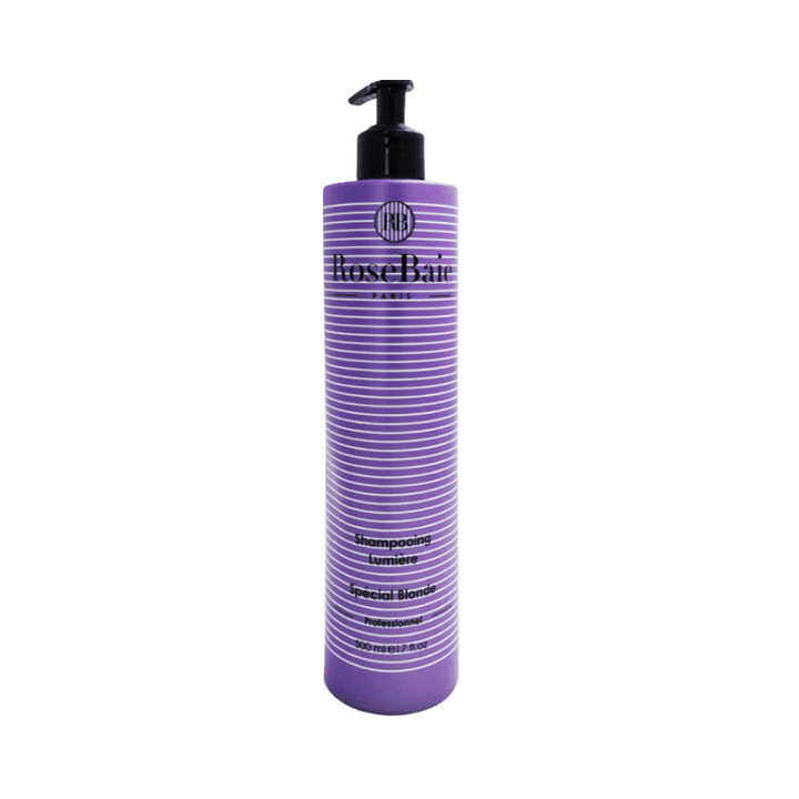 Rose Baie Paris blonde hair shampoo, 500 ml, in tall purple pump bottle with striped label.