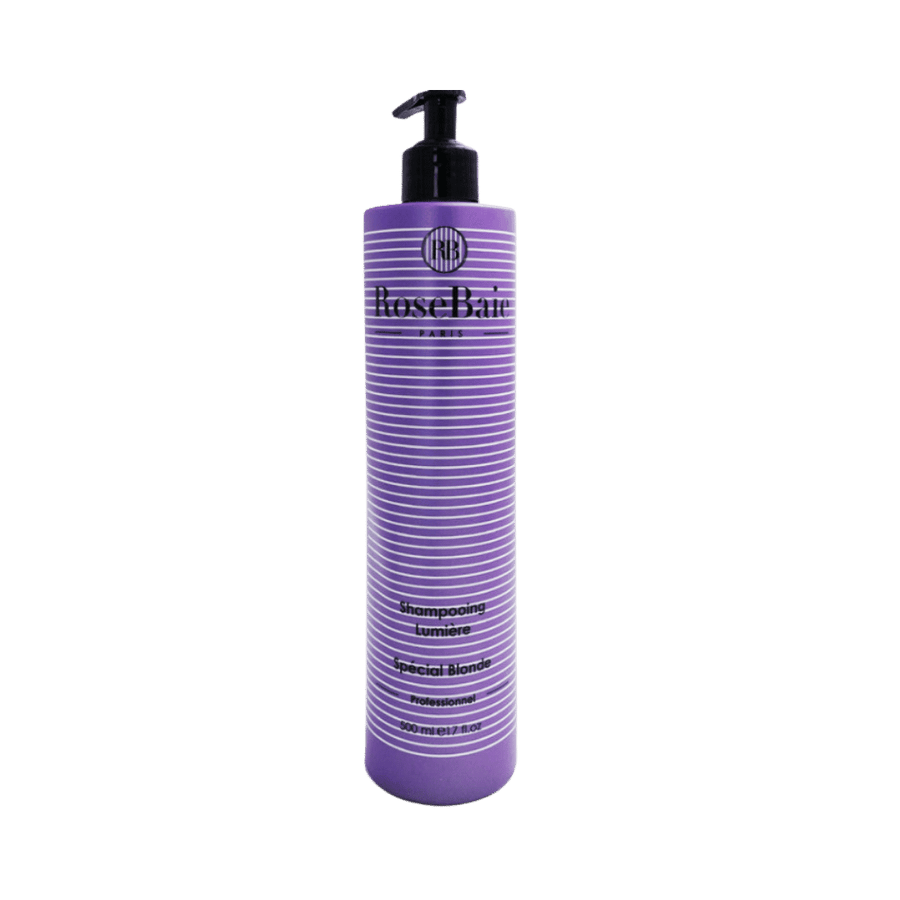 Rose Baie Paris blonde hair shampoo, 500 ml, in tall purple pump bottle with striped label.