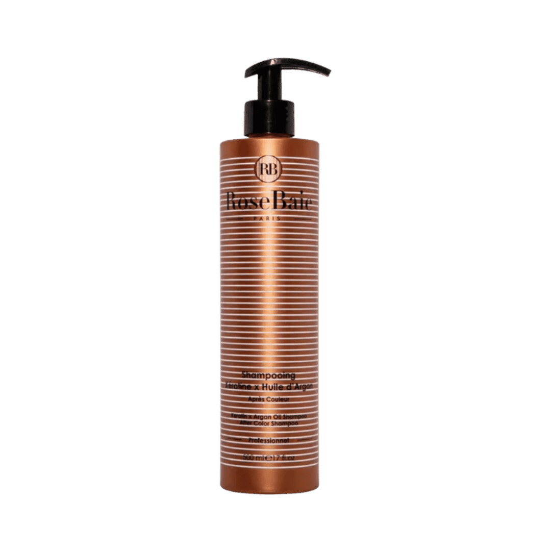 RoseBaie Paris keratin and argan oil shampoo for colored hair, 500 ml, bronze pump bottle.