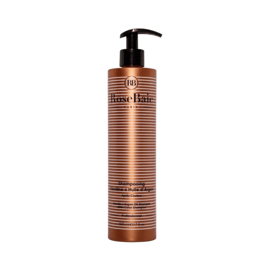 RoseBaie Paris keratin and argan oil shampoo for colored hair, 500 ml, bronze pump bottle.