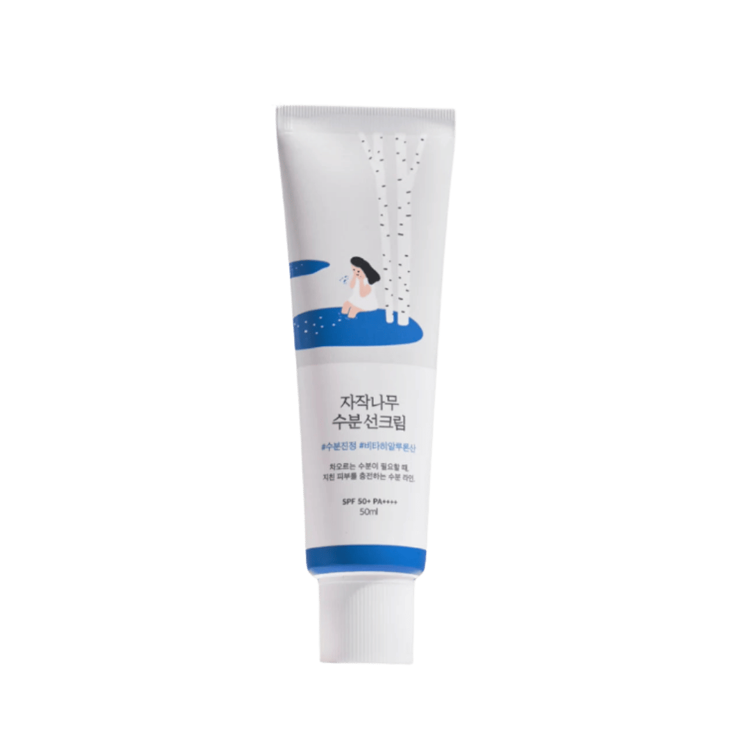 Round Lab Birch Juice Moisturizing Sun Cream, SPF 50+ PA++++, 50ml, white tube with blue illustration.