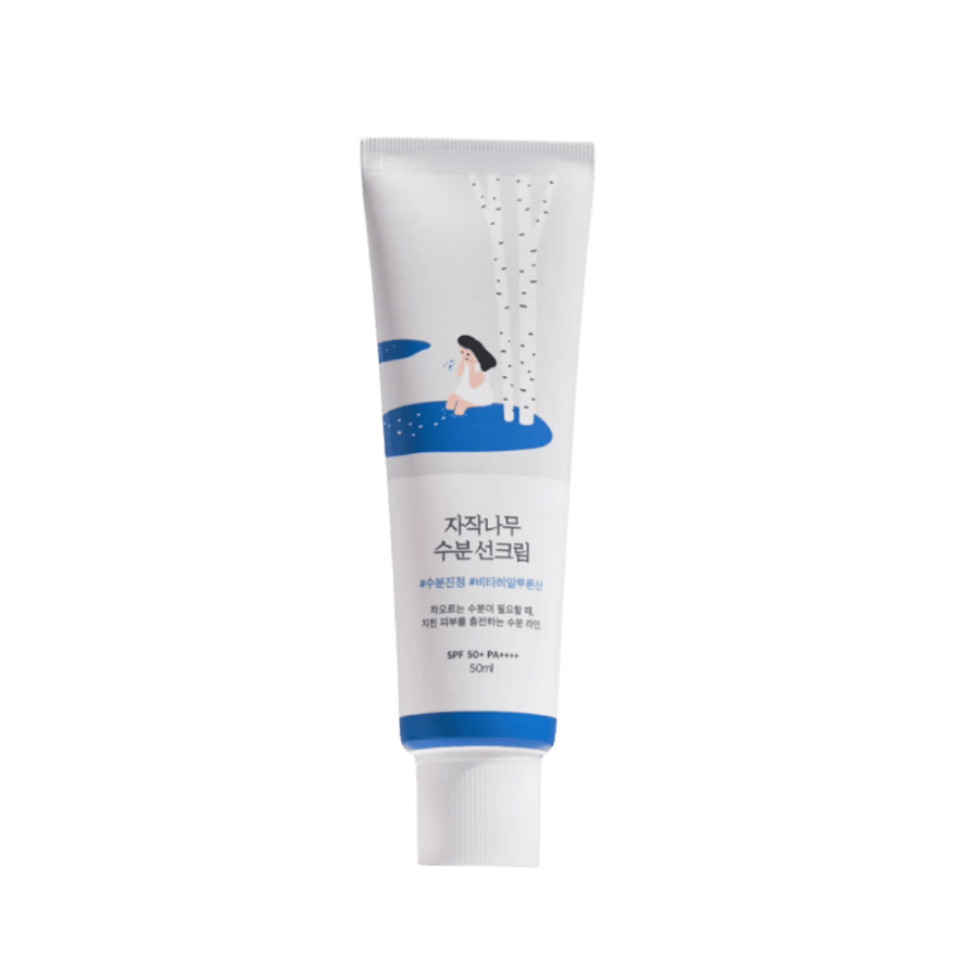 Round Lab Birch Juice Moisturizing Sun Cream, SPF 50+ PA++++, 50ml, white tube with blue illustration.
