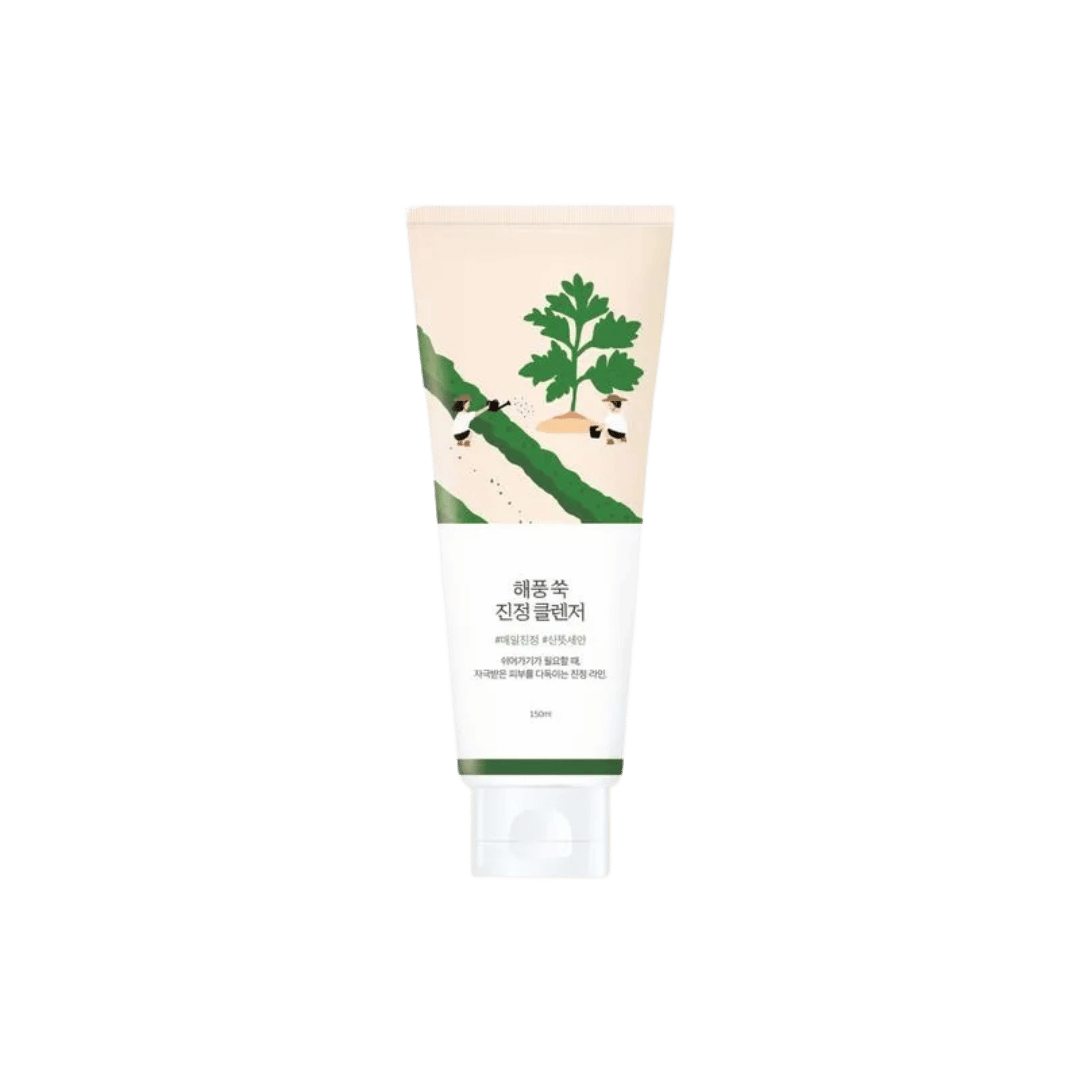 Round Lab Mugwort Calming Cleanser, 150ml, white tube with green botanical illustration and clear cap.